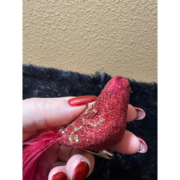 Vintage Red Glitter Bird Ornament Clip-On With Feathers & Decorative Detailing - Picture 4 of 7